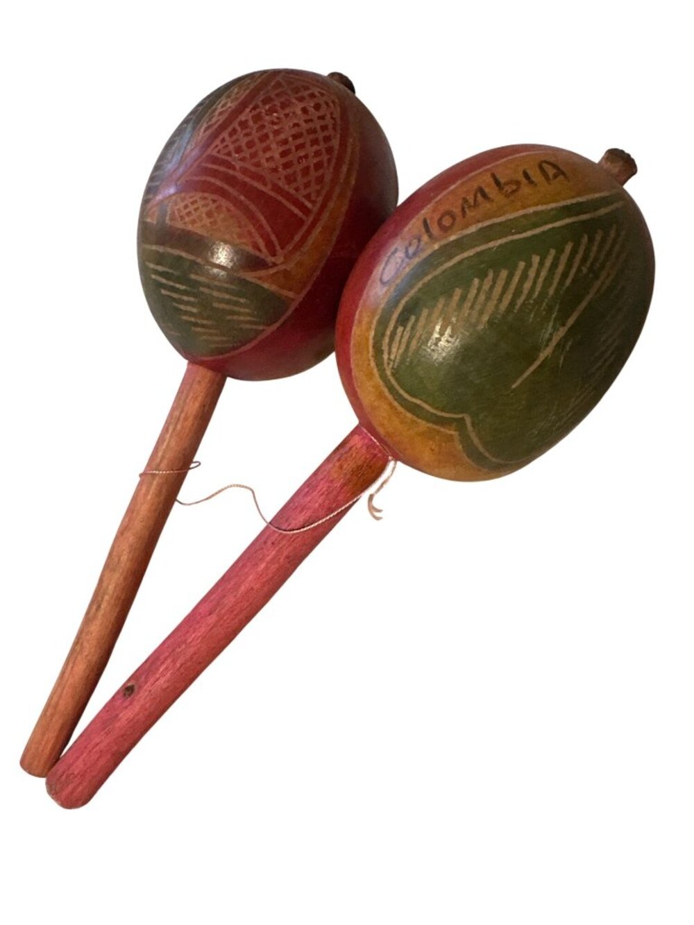 Handcrafted Colombian Maracas With Colorful Carved Gourd Design And Wooden Handl - Picture 2 of 3